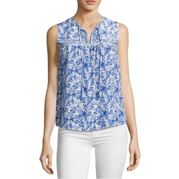 Rebecca Taylor Aimee Floral Blue & White Silk Sleeveless Blouse, size 0 - Picture 1 of 9
